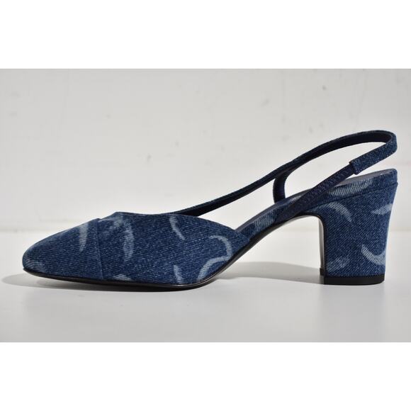 Chanel 23B Coco Sling Dark Blue Denim White CC Logo Slingback Block Heel 36.5 - Picture 8 of 12